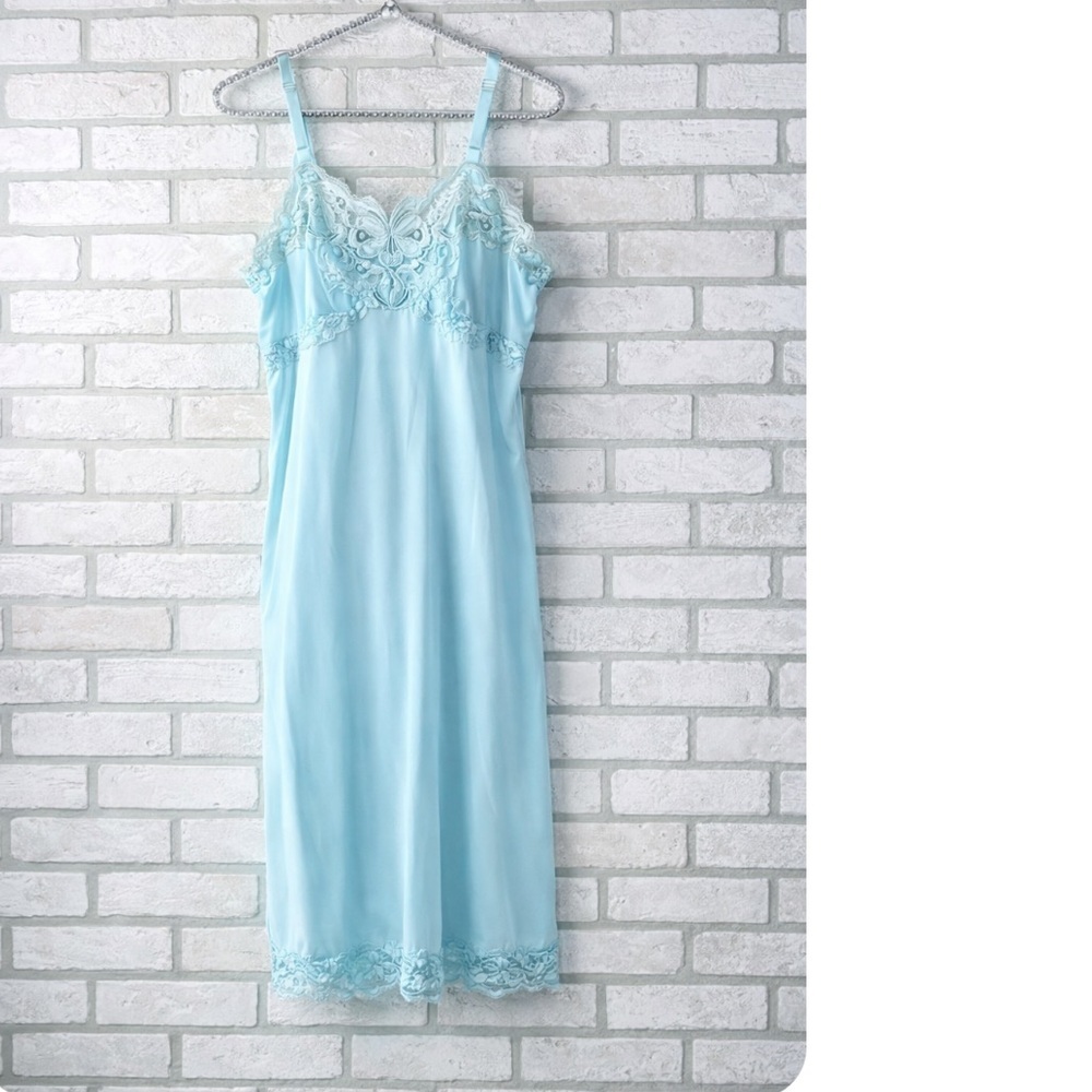Vtg Heiress 1950s 1960s Turquoise Nylon Lace Trim Slip Dress Size 34 - Picture 2 of 16
